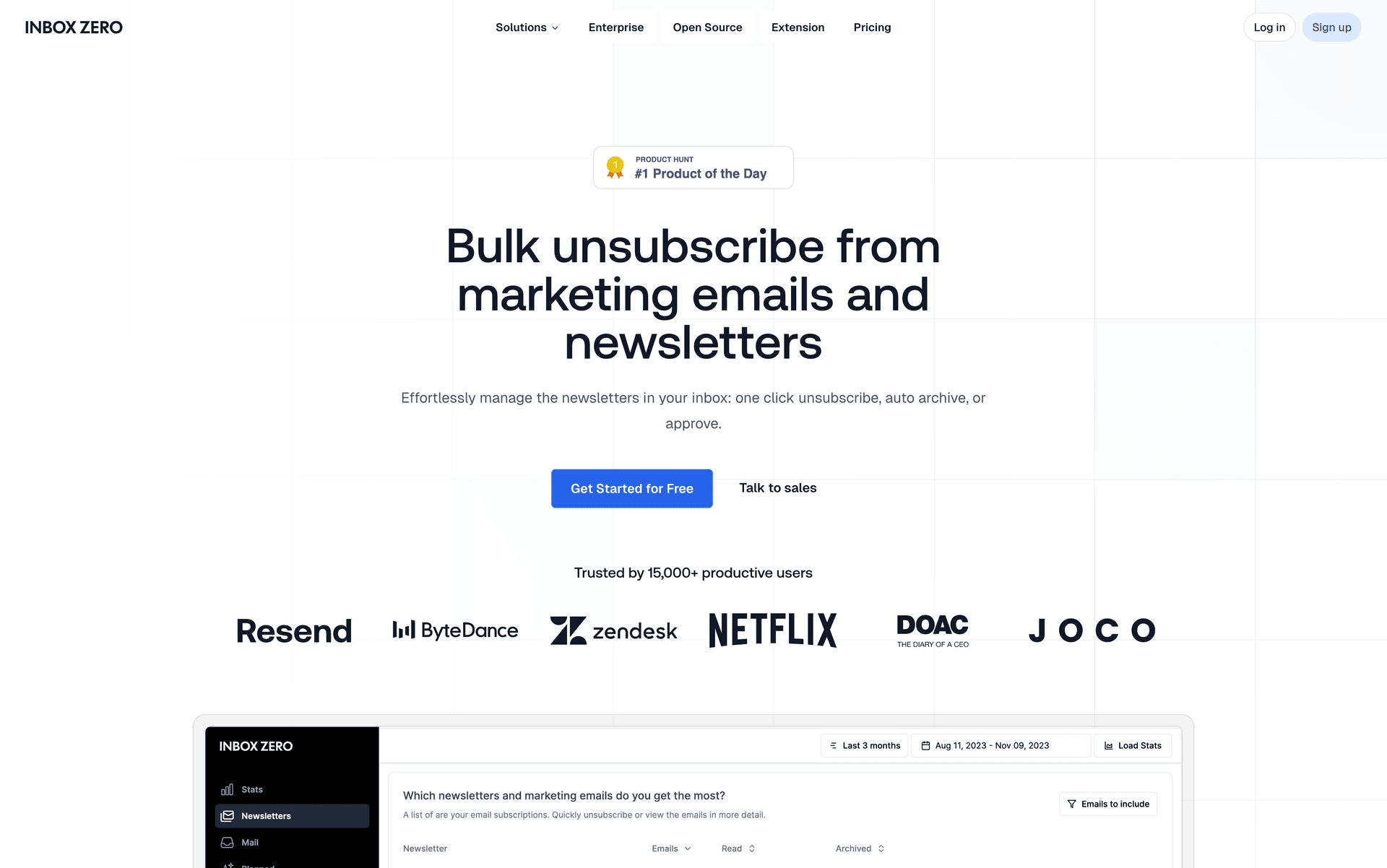 Inbox Zero Bulk Email Unsubscriber interface showing newsletter senders list with unsubscribe options and reading statistics